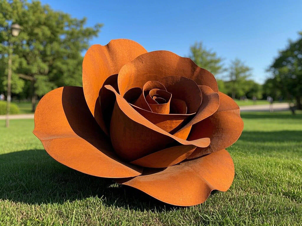 Corten Steel Rose Forge​ Sculpture Full of Nostalgic Mechanical Aesthetic Tension